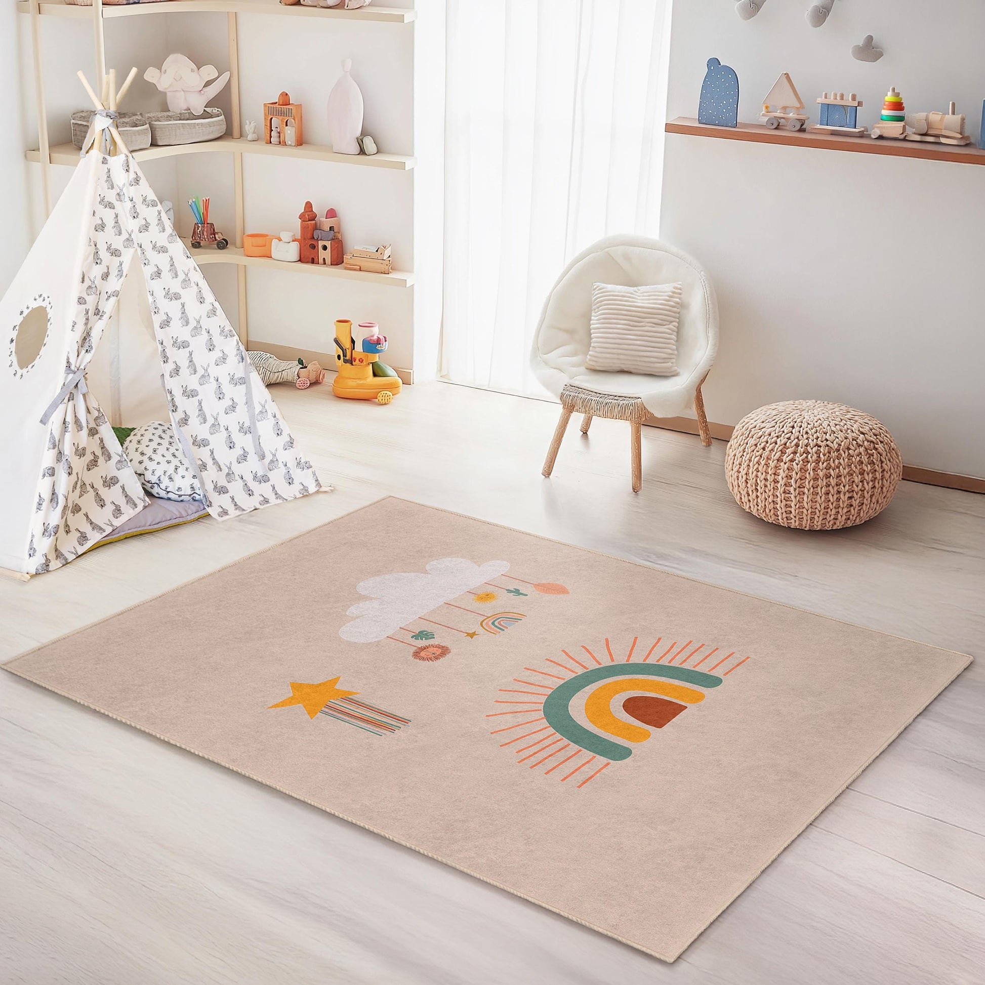 Rainbow Cloud Themed Kids Room Rug, Rectangular Play Mat, Soft Nursery Carpet, Colorful Childrens Area Rug, Baby Room Decor