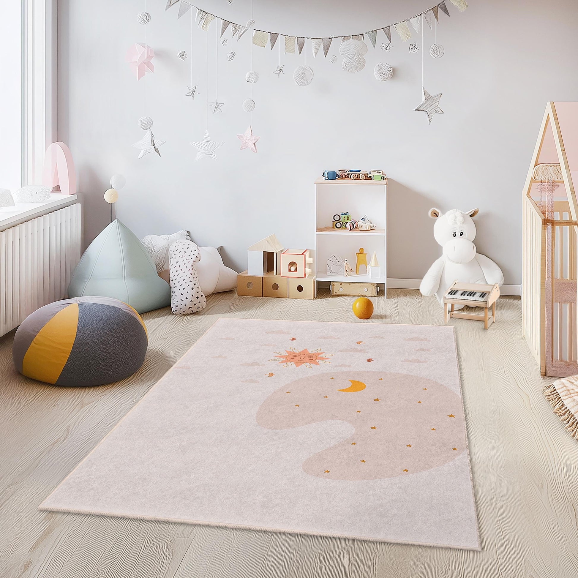 Sun and Moon Themed Kids Room Rug, Rectangle Play Rug for Children, Soft Nursery Carpet, Baby Room Decor, Cute Childrens Rug