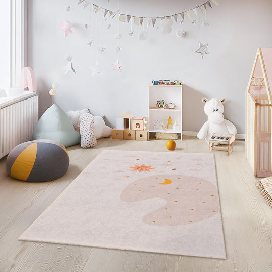 Sun and Moon Themed Kids Room Rug, Rectangle Play Rug for Children, Soft Nursery Carpet, Baby Room Decor, Cute Childrens Rug