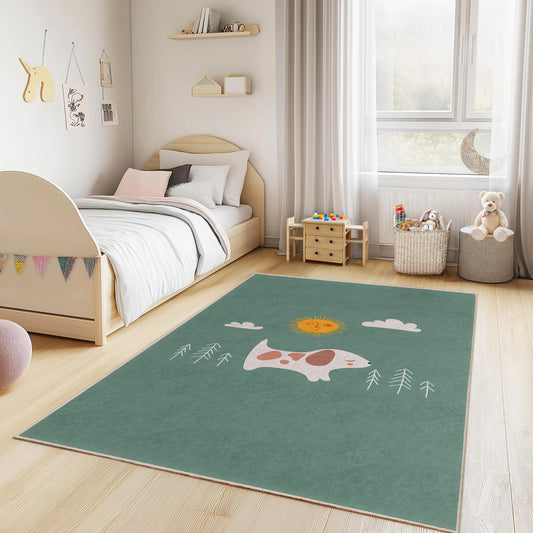 Cute Dog and Sun Rectangular Kids Rug, Playful Pet Design Rug for Children's Room, Nursery and Playroom Decor