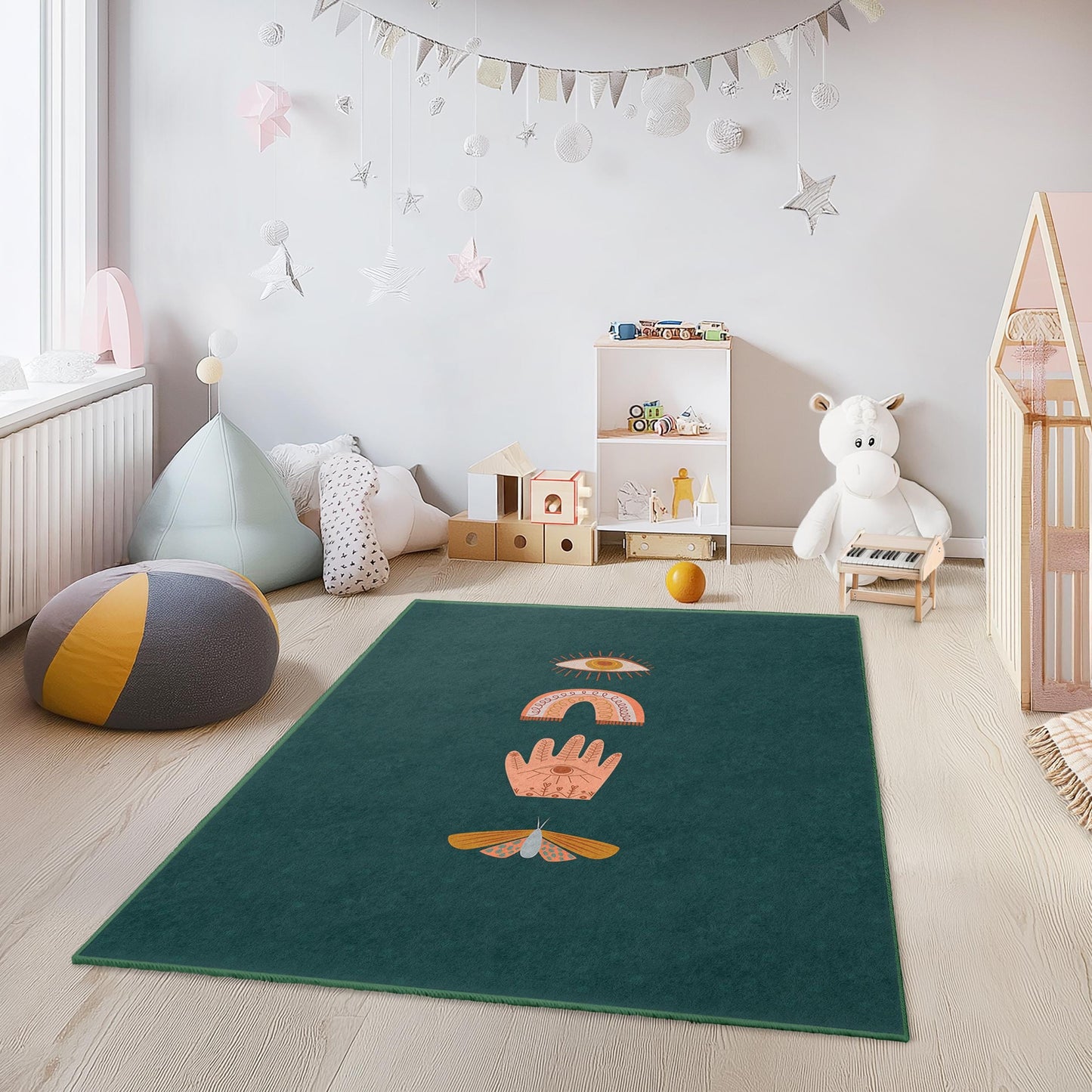 Mystical Eye Pattern Rectangle Rug, Bohemian Kids Room Carpet, Colorful Hand Design, Soft Nursery Rug, Unique Playroom Decor