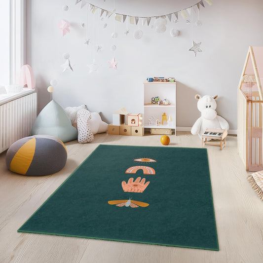 Mystical Eye Pattern Rectangle Rug, Bohemian Kids Room Carpet, Colorful Hand Design, Soft Nursery Rug, Unique Playroom Decor