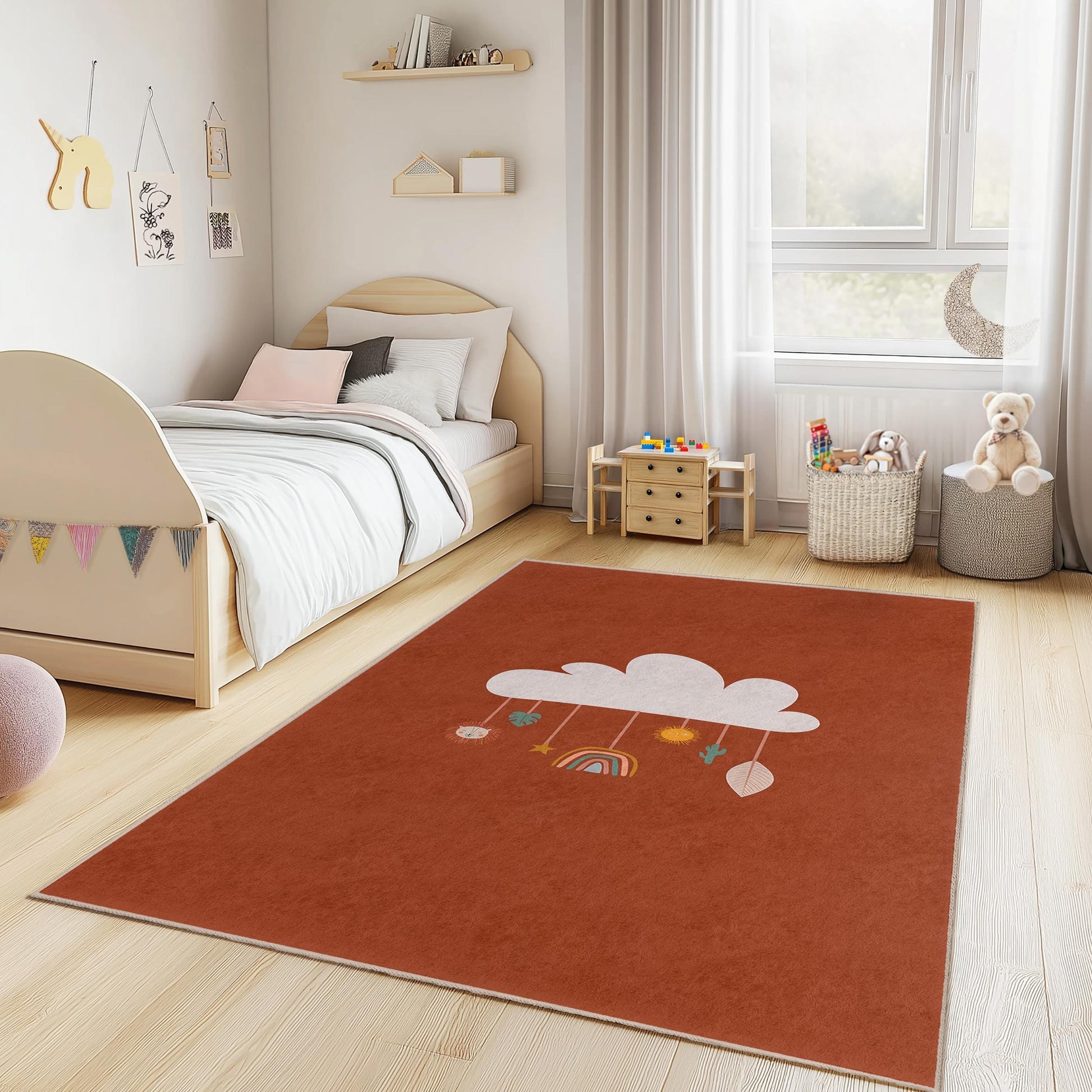 Cloud and Rainbow Kids Rug, Rectangular Playroom Carpet, Nursery Decor, Soft Play Mat for Children's Room, Cozy Toddler Rug