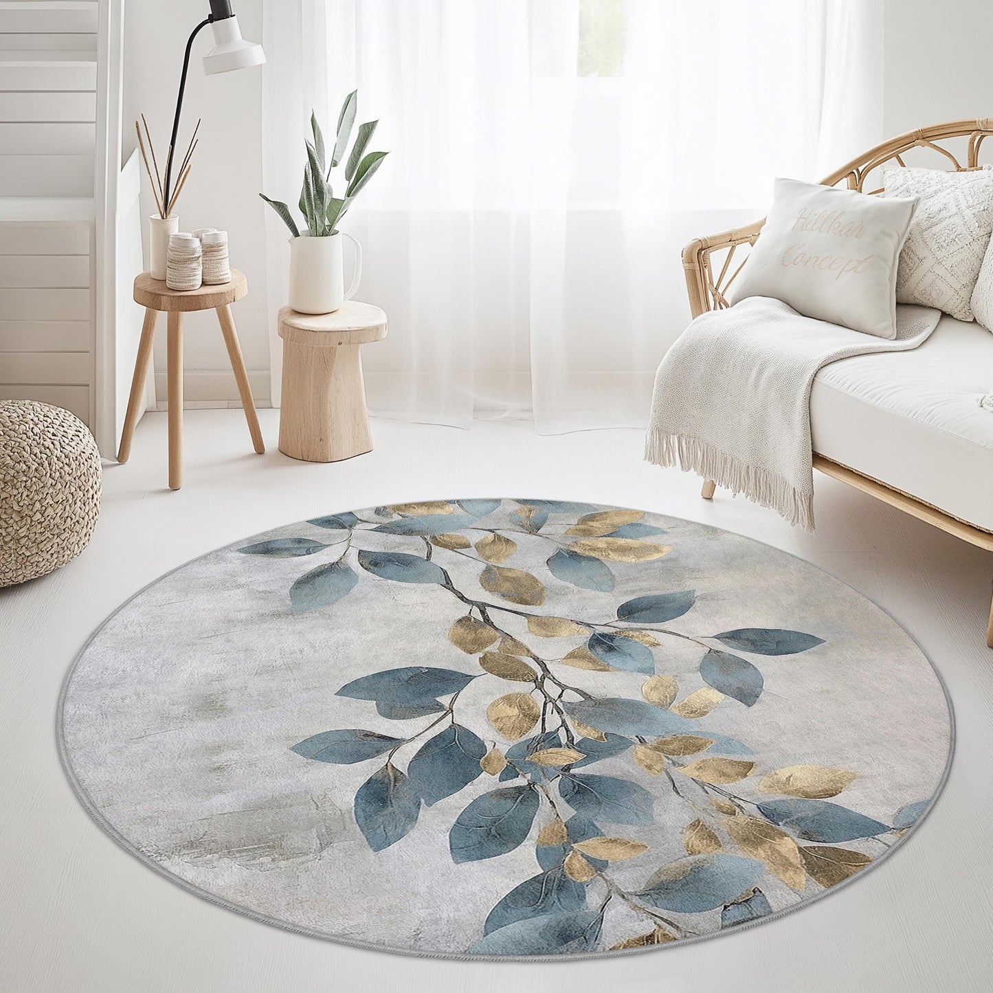 Elegant Round Leaf Pattern Area Rug, Floral Round Carpet, Soft Living Room Rug, Modern Home Decor, Nature Inspired Round Rug