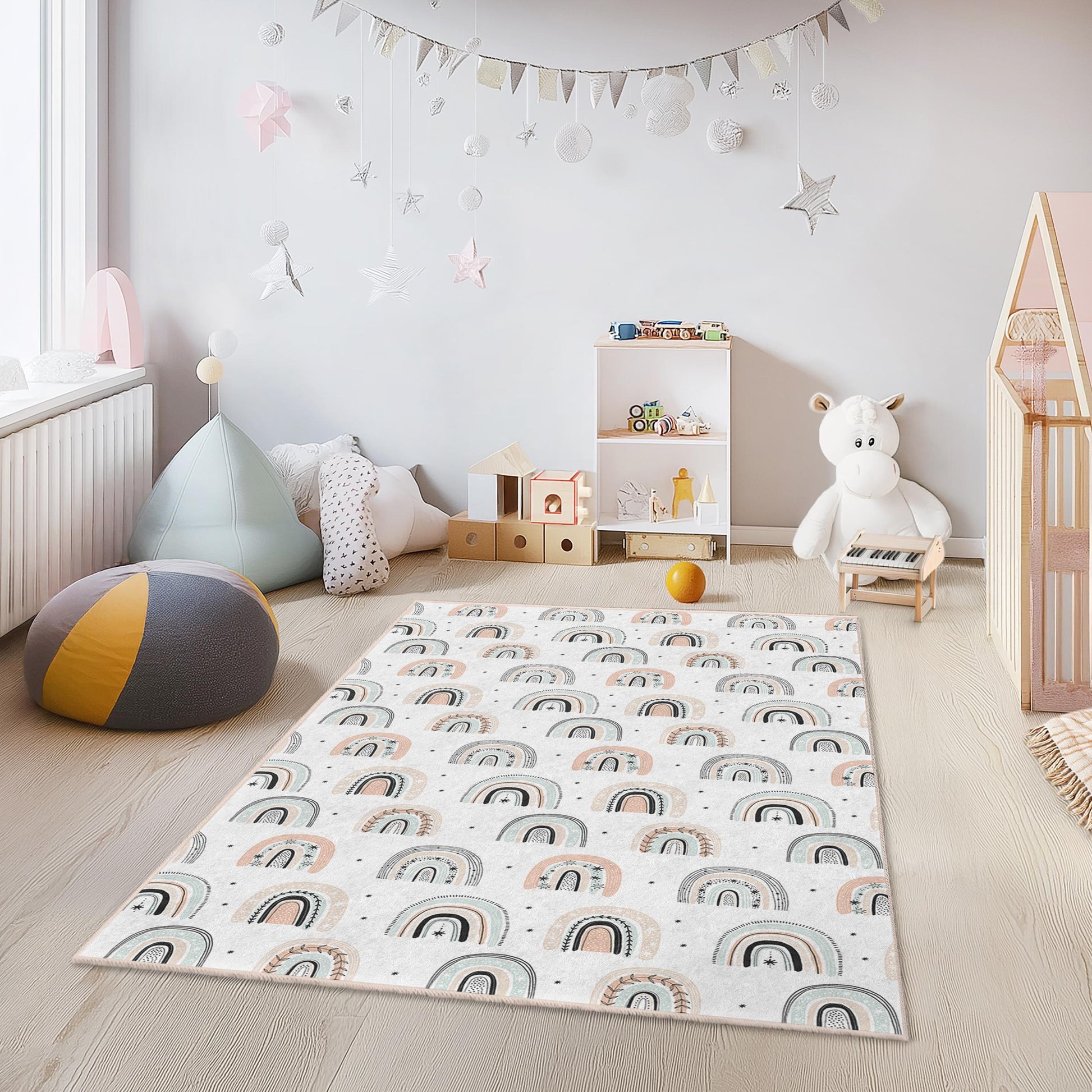 Rainbow Pattern Rectangular Kids Rug, Nursery Decor, Playroom Carpet, Colorful Kids Area Rug, Soft Children's Rug