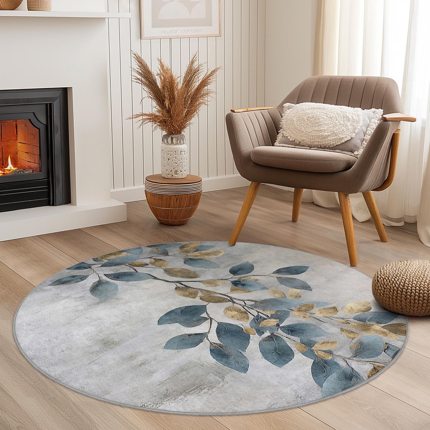 Elegant Round Leaf Pattern Area Rug, Floral Round Carpet, Soft Living Room Rug, Modern Home Decor, Nature Inspired Round Rug
