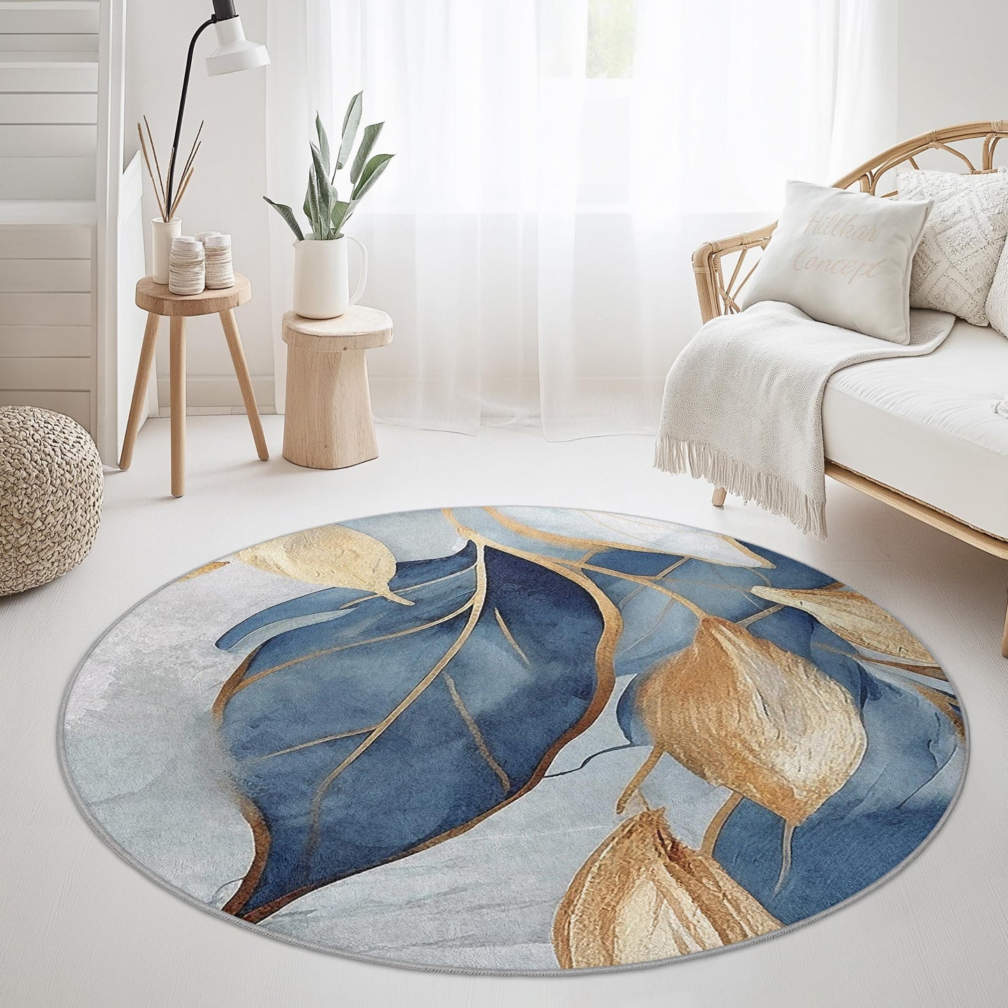 Elegant Blue and Gold Leaf Round Area Rug, Modern Floral Round Carpet, Chic Home Decor, Living Room Rug, Bedroom Area Rug