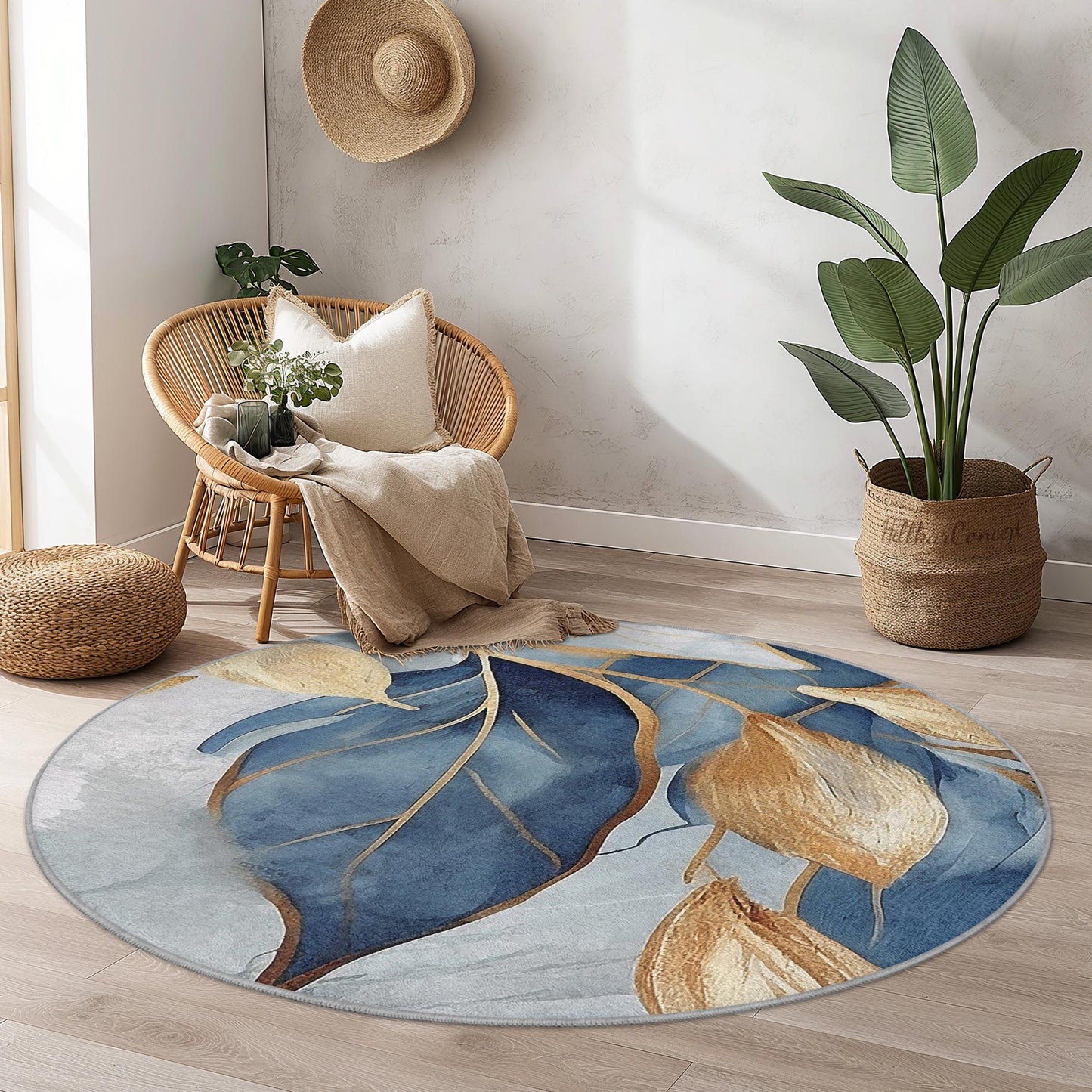 Elegant Blue and Gold Leaf Round Area Rug, Modern Floral Round Carpet, Chic Home Decor, Living Room Rug, Bedroom Area Rug