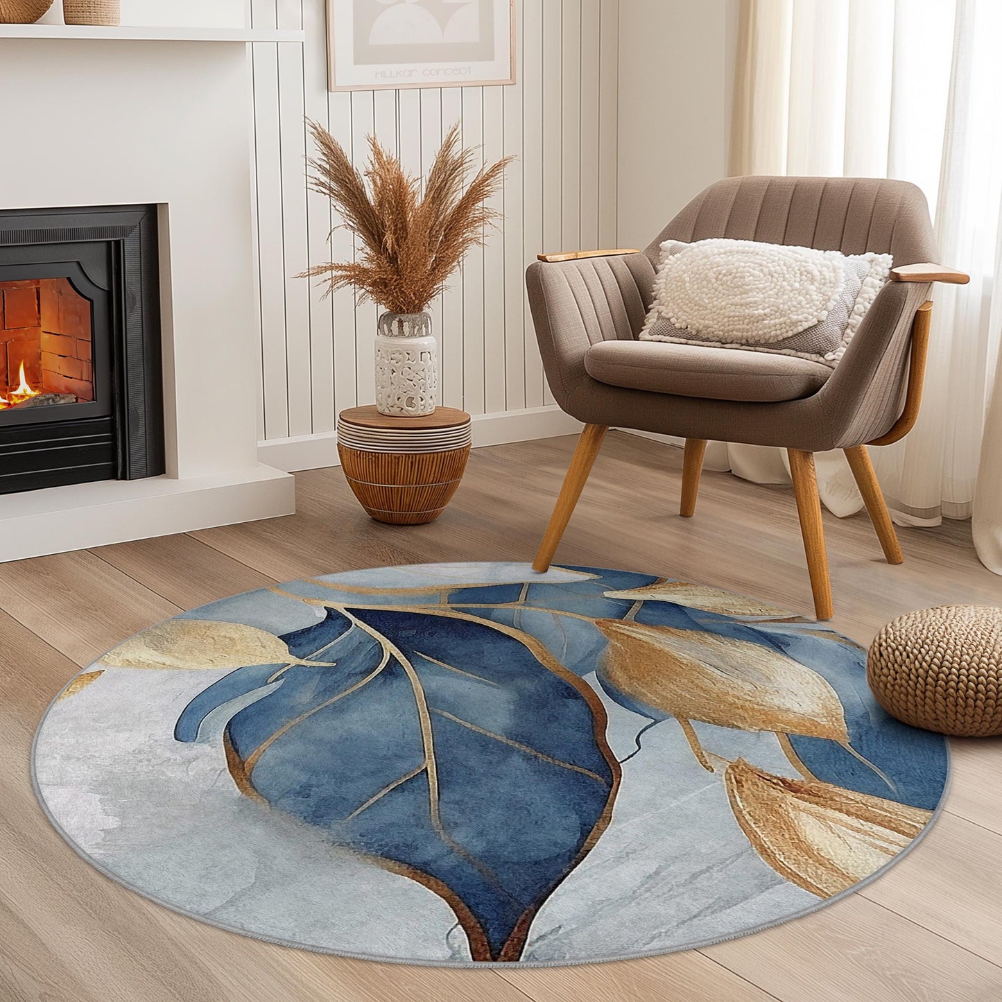 Elegant Blue and Gold Leaf Round Area Rug, Modern Floral Round Carpet, Chic Home Decor, Living Room Rug, Bedroom Area Rug
