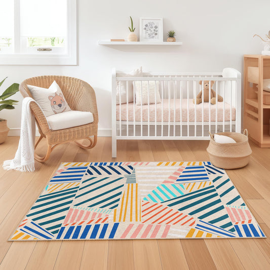 Geometric Striped Kids Rug: Colorful Nursery Play Mat