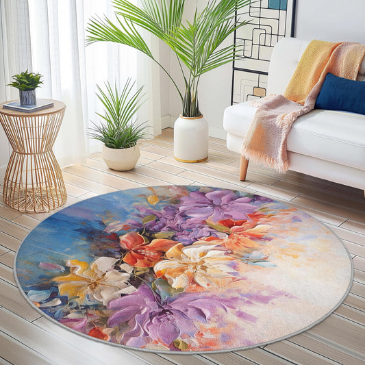 Vibrant Floral Round Area Rug, Colorful Blooming Flower Rug, Soft Floral Carpet for Living Room, Bedroom, Home Decor