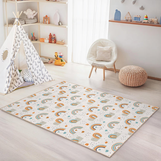 Colorful Rainbow and Bear Themed Kids Room Rug, Soft Rectangle Rug for Nursery, Playroom Decor, Cute Animal Carpet