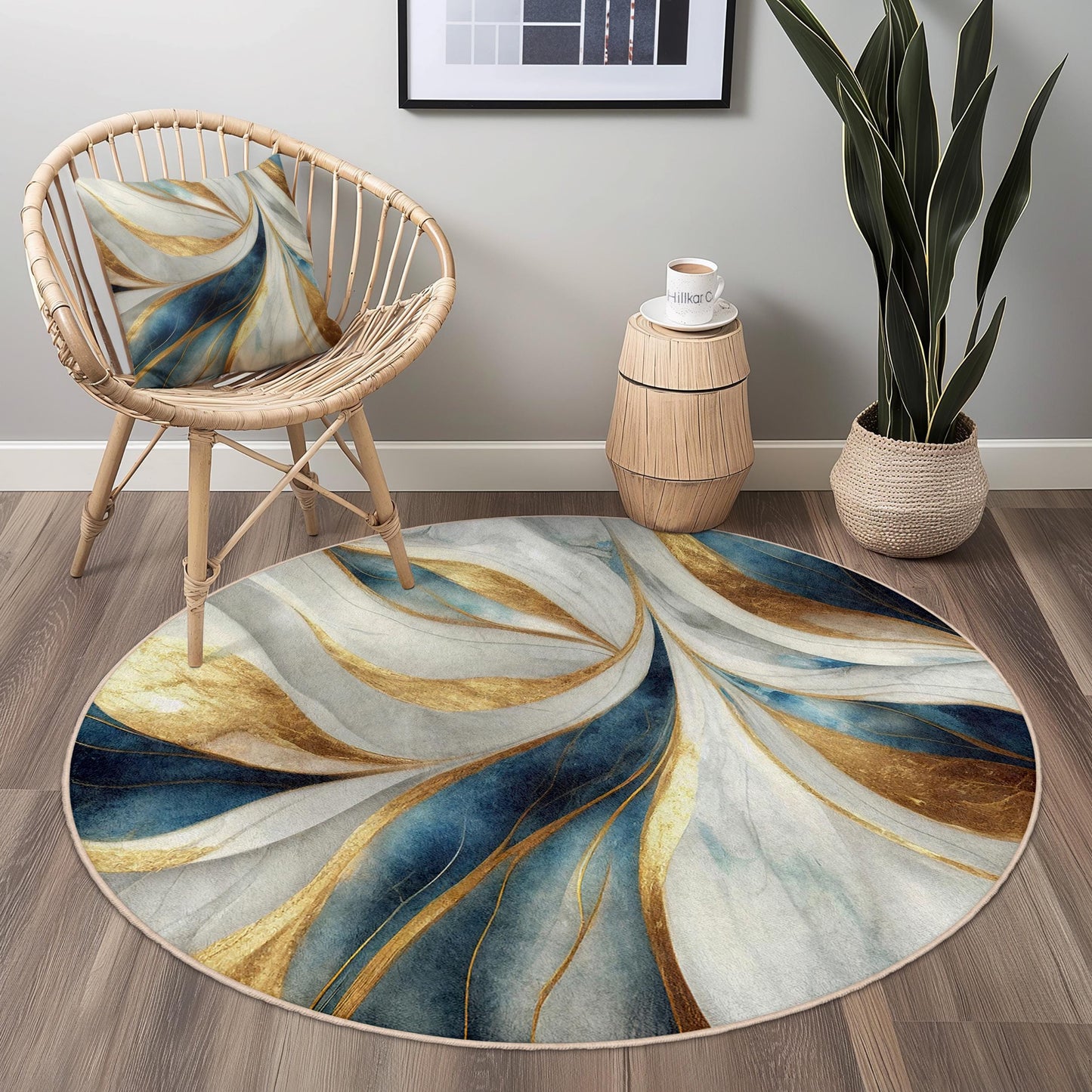 Elegant Blue and Gold Round Area Rug, Abstract Floral Round Carpet, Modern Living Room Decor, Chic Round Rug for Home