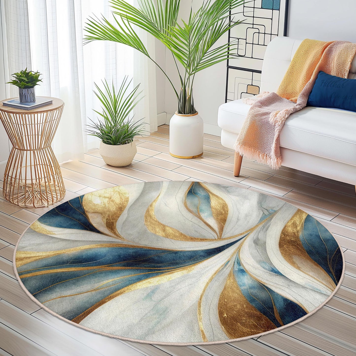 Elegant Blue and Gold Round Area Rug, Abstract Floral Round Carpet, Modern Living Room Decor, Chic Round Rug for Home
