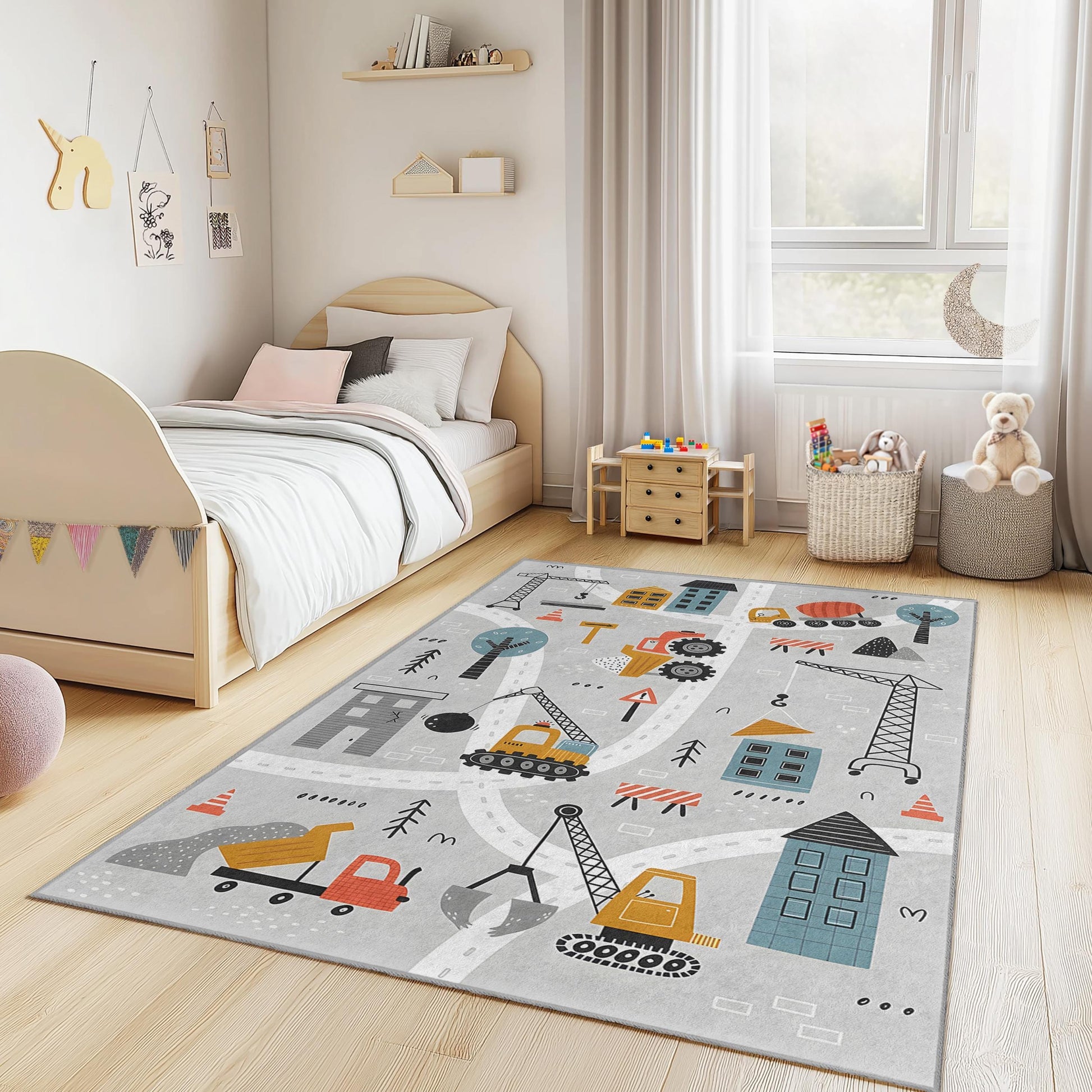 Construction Site Kids Rug, Rectangular Play Mat, Soft Carpet for Children's Room, Fun Building Theme, Nursery Decor
