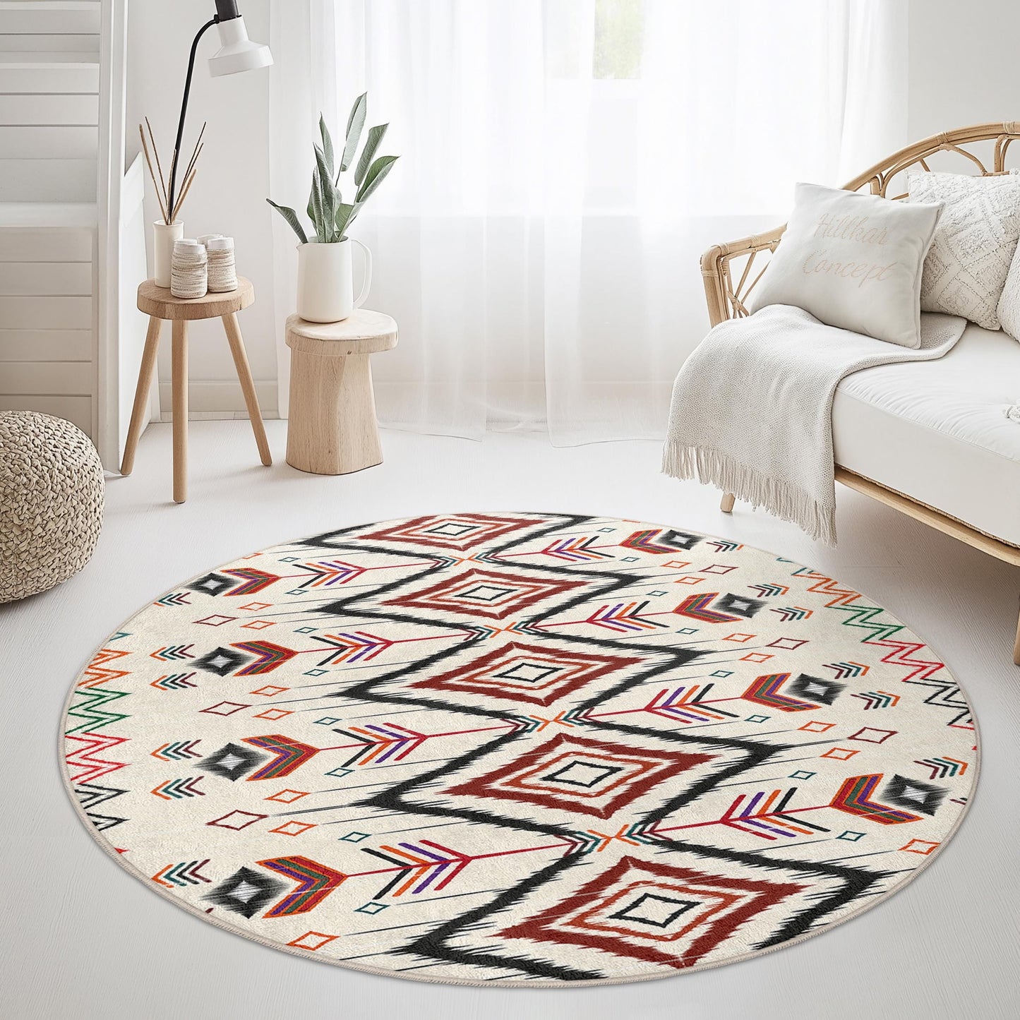 Geometric Arrow Pattern Round Area Rug, Bohemian Circle Rug, Stylish Home Decor, Unique Living Room Carpet, Soft Floor Mat