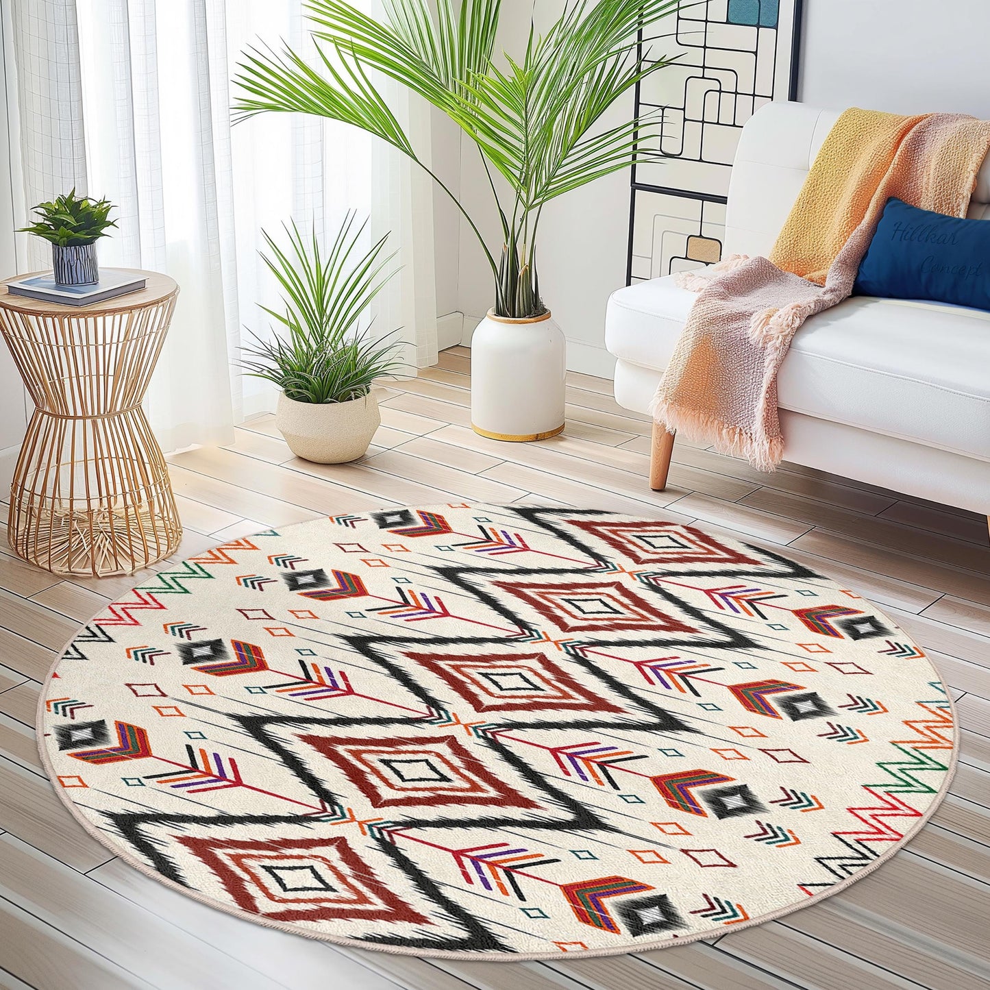 Geometric Arrow Pattern Round Area Rug, Bohemian Circle Rug, Stylish Home Decor, Unique Living Room Carpet, Soft Floor Mat