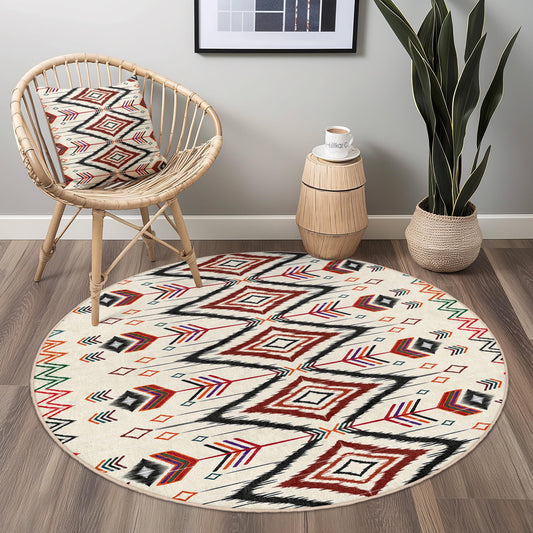 Geometric Arrow Pattern Round Area Rug, Bohemian Circle Rug, Stylish Home Decor, Unique Living Room Carpet, Soft Floor Mat