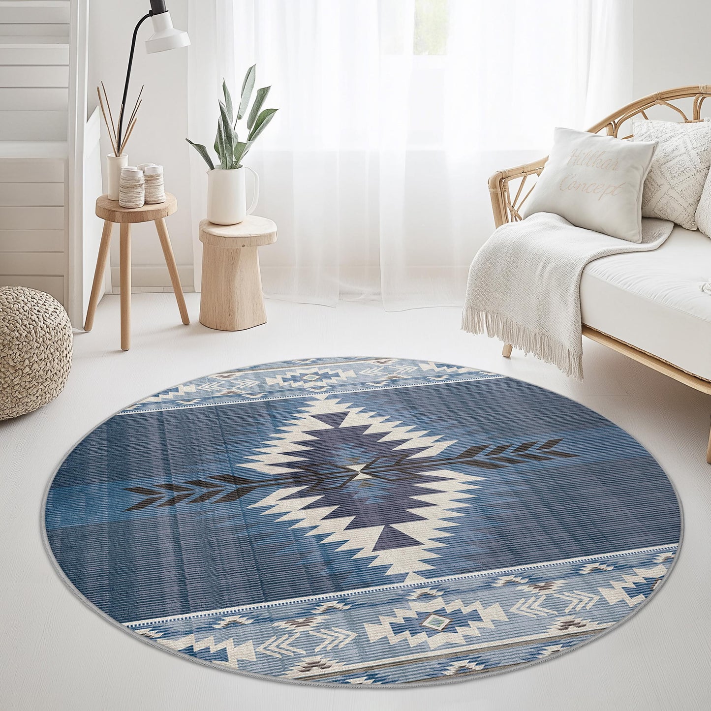 Geometric Blue Round Area Rug, Southwestern Style Carpet, Decorative Round Rug for Living Room, Boho Chic Home Decor