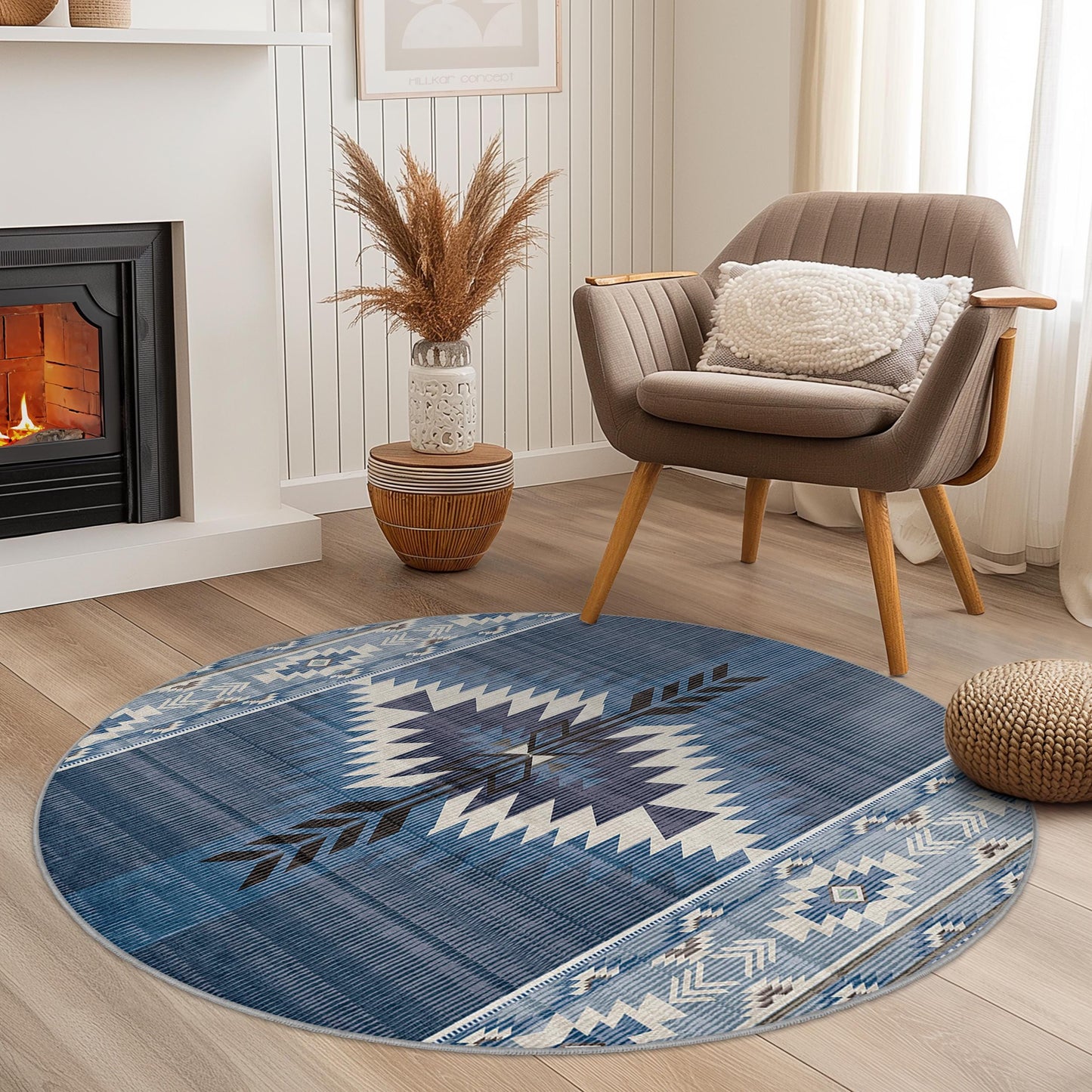 Geometric Blue Round Area Rug, Southwestern Style Carpet, Decorative Round Rug for Living Room, Boho Chic Home Decor