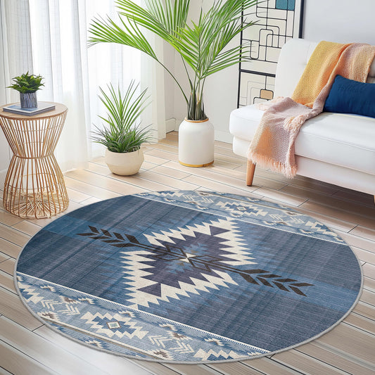 Geometric Blue Round Area Rug, Southwestern Style Carpet, Decorative Round Rug for Living Room, Boho Chic Home Decor