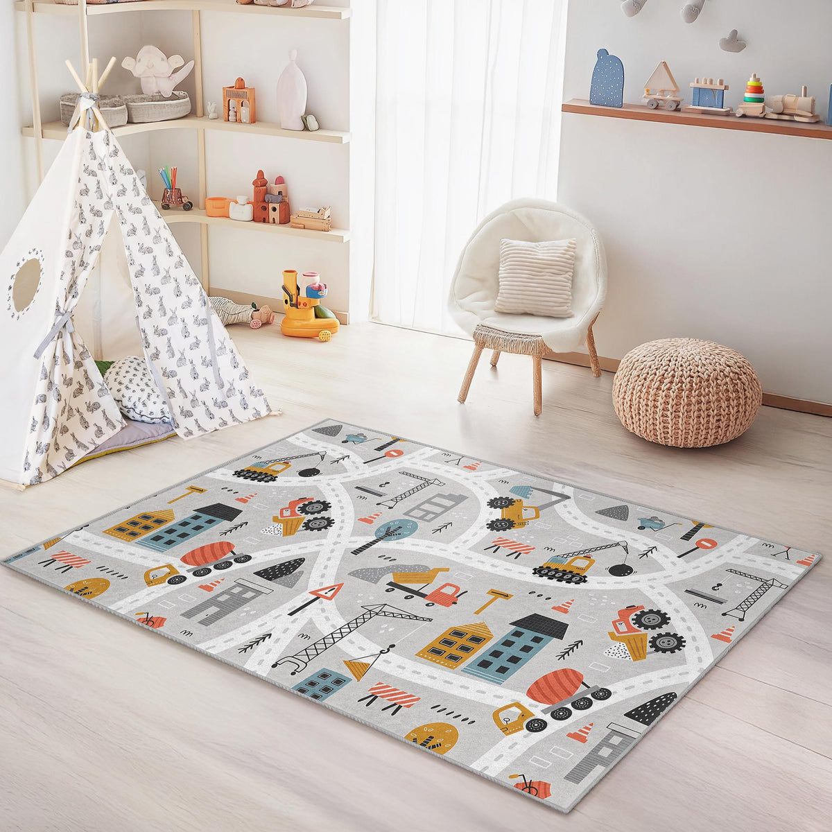 Building Play Room Rug Construction Zone Kids Rug, Rectangular Play Mat, Building Site Carpet ...