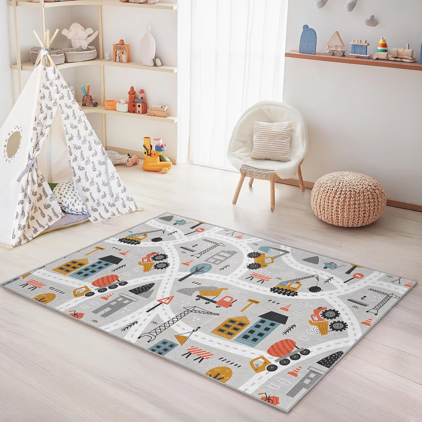 Construction Zone Kids Rug, Rectangular Play Mat, Building Site Carpet for Boys Room, Soft Nursery Decor, Kid's Playroom Rug