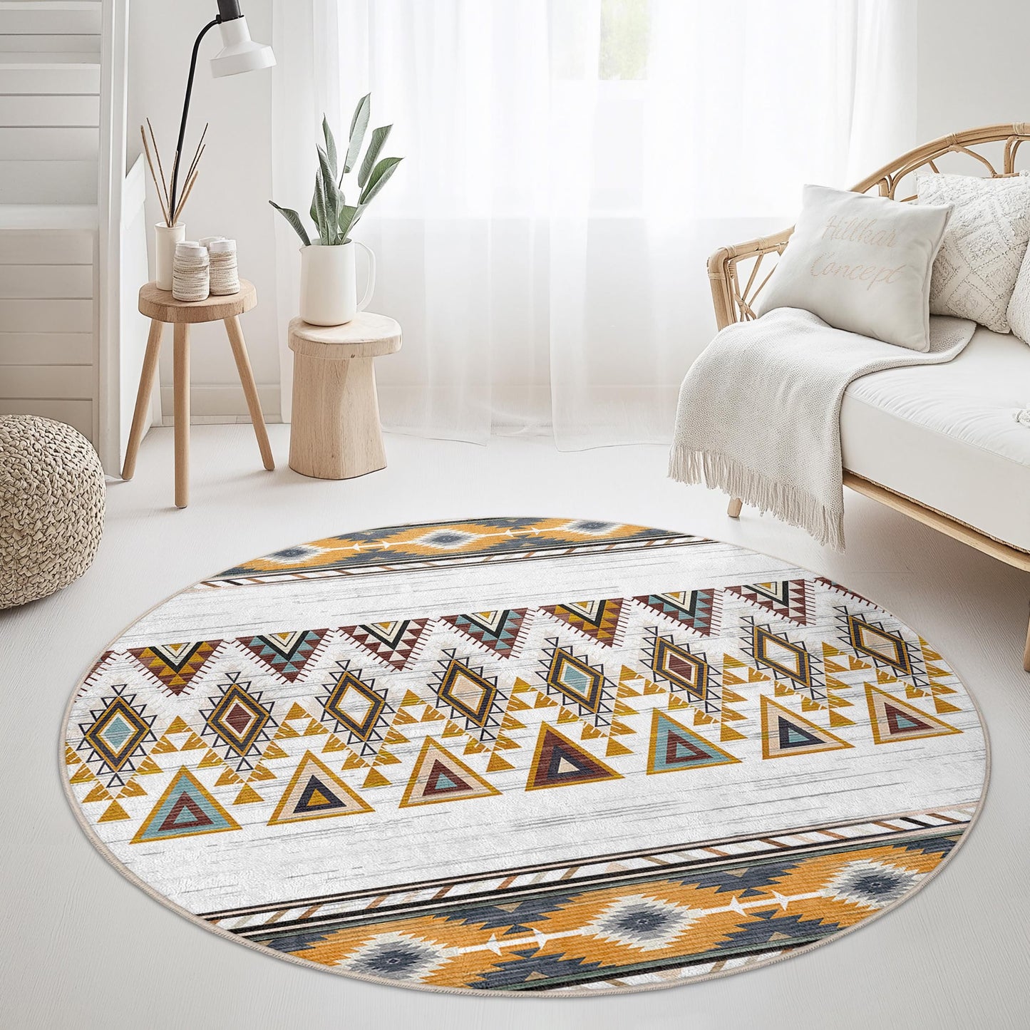 Geometric Pattern Round Area Rug, Boho Style Round Rug, Living Room Decor, Soft Circular Carpet, Tribal Design Rug for Kids