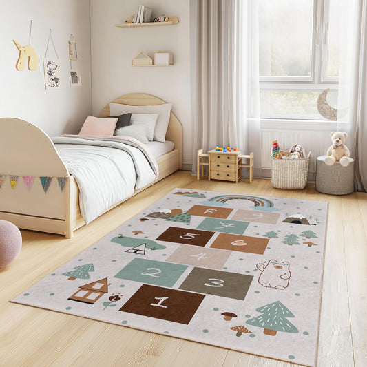 Whimsical Woodland Hopscotch Rug, Kids Room Decorative Carpet, Playroom Area Rug, Soft Rectangular Mat for Children