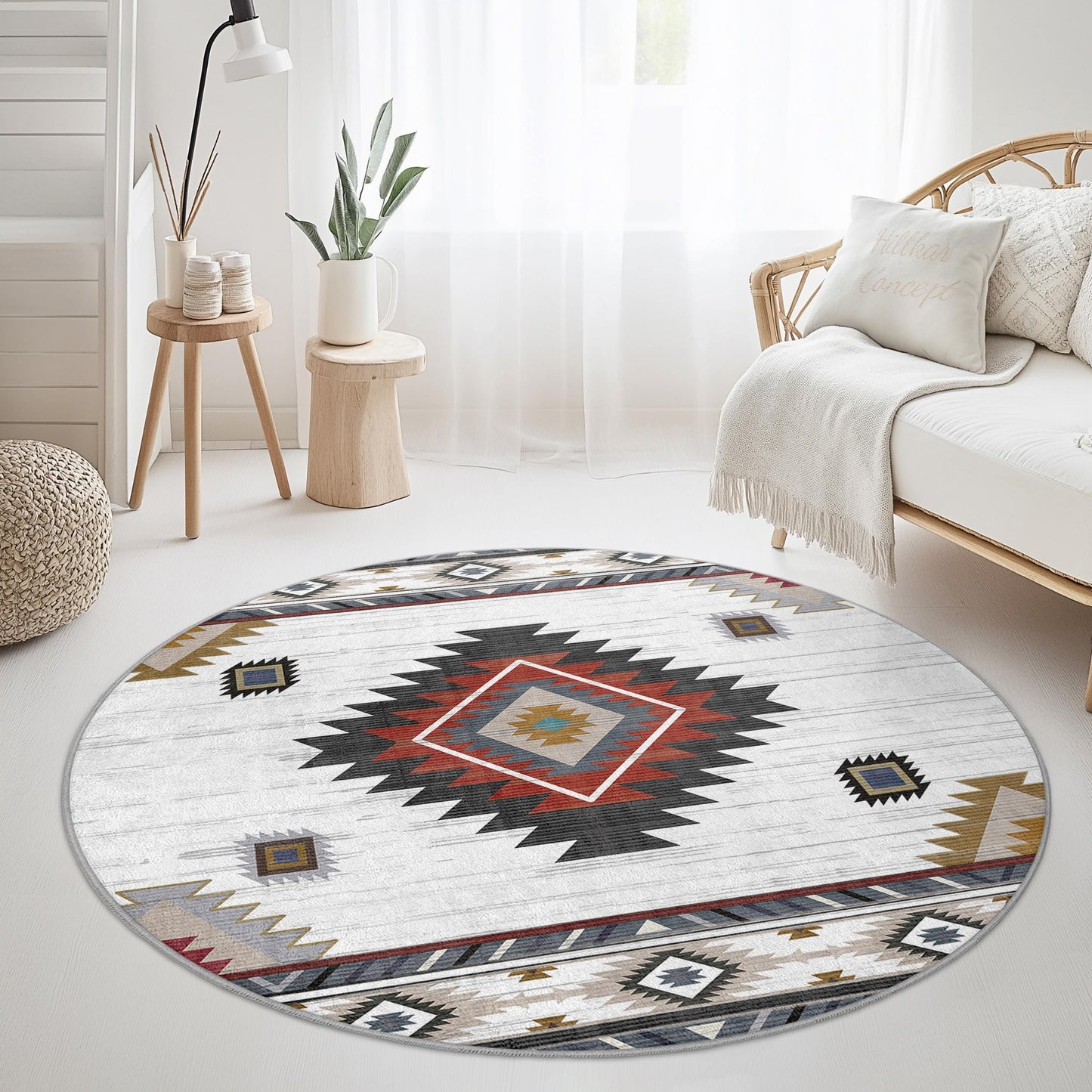 Geometric Boho Round Area Rug, Modern Circle Carpet, Stylish Living Room Rug, Bedroom Decor, Unique Round Rug for Home