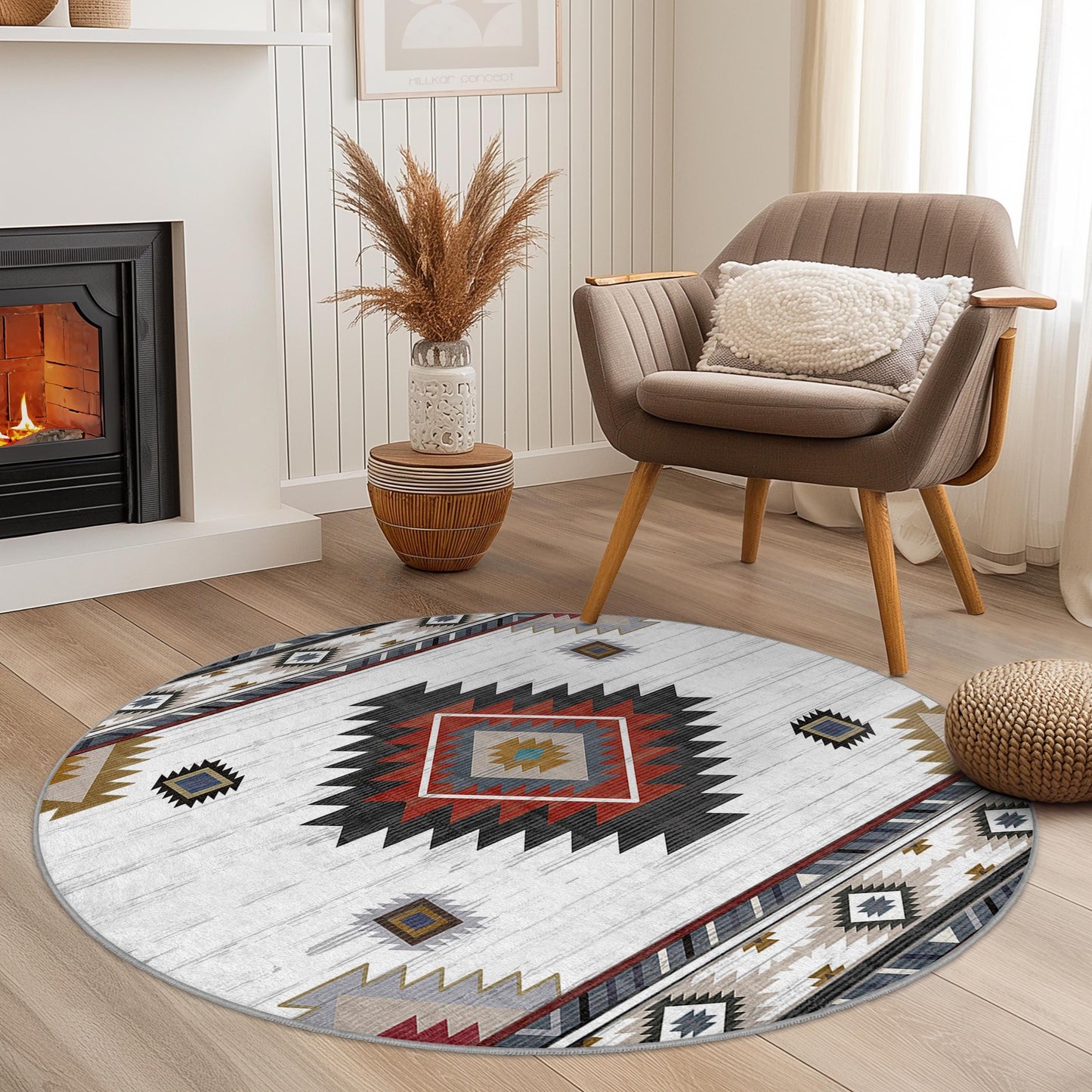 Geometric Boho Round Area Rug, Modern Circle Carpet, Stylish Living Room Rug, Bedroom Decor, Unique Round Rug for Home