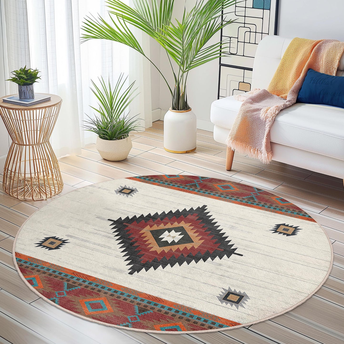 Geometric Round Area Rug, Bohemian Round Carpet, Soft Living Room Decor, Modern Round Rug, Stylish Home Decor