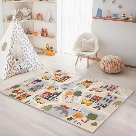 City Road Play Rug for Kids Room, Colorful Road Map Area Rug, Rectangle Play Mat, Soft Kids Carpet, Toddler Room Decor