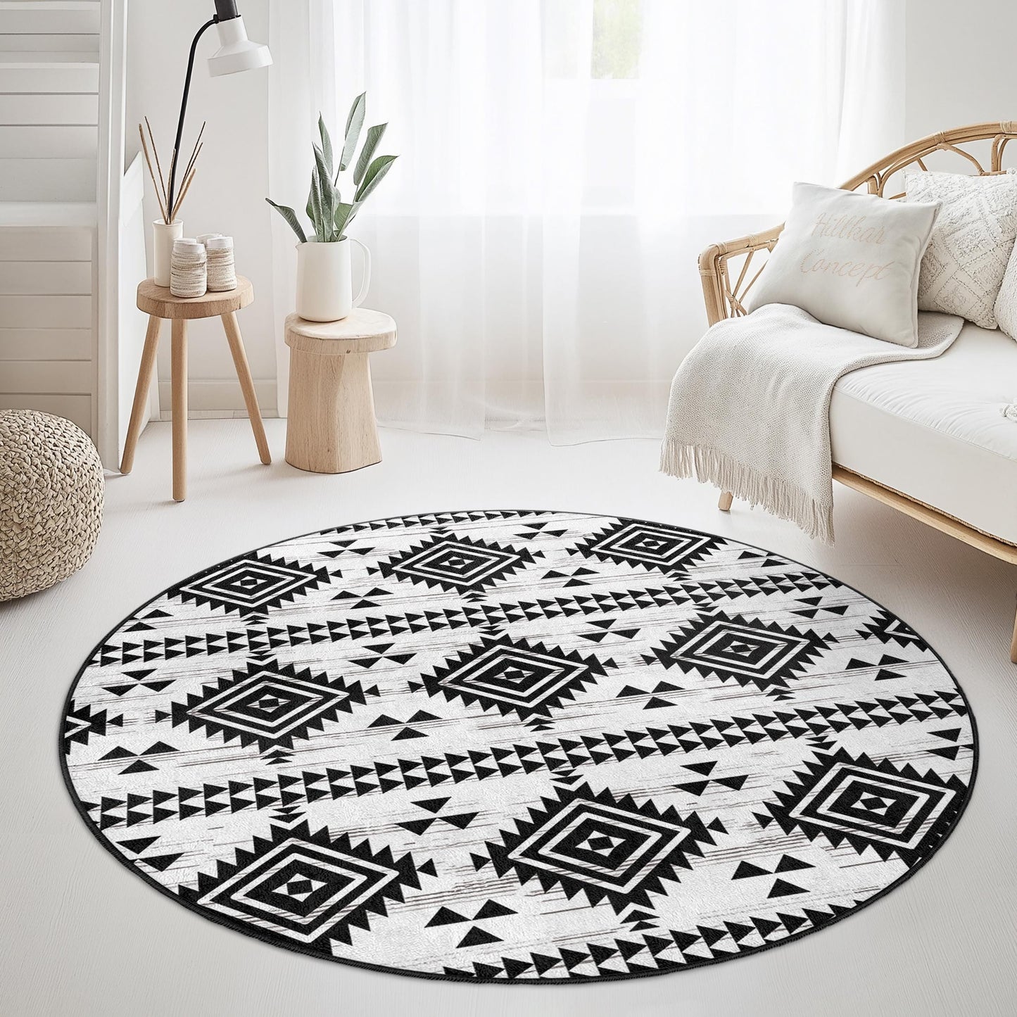 Geometric Tribal Pattern Round Area Rug, Black and White Round Carpet, Modern Bohemian Decor, Living Room or Bedroom Rug