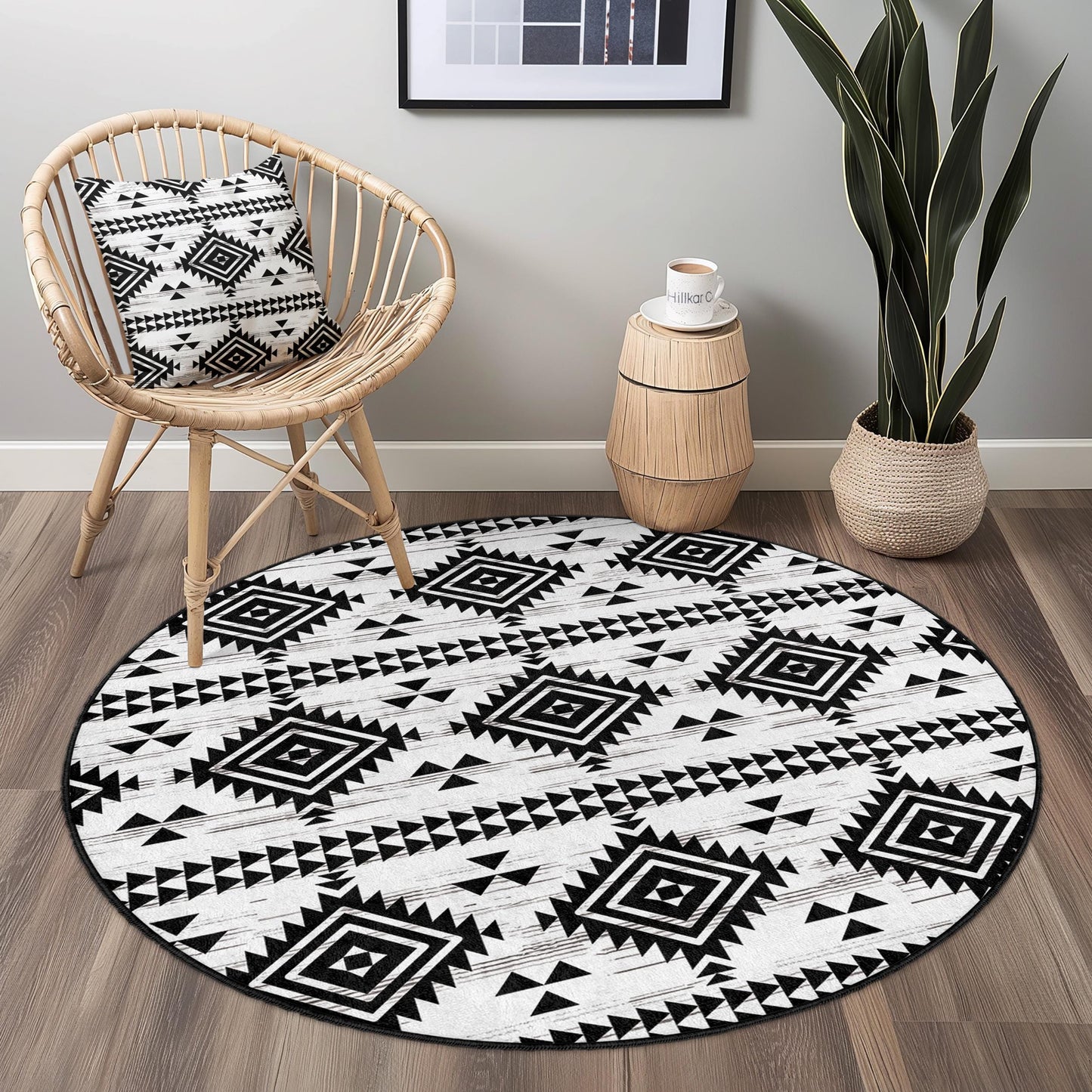 Geometric Tribal Pattern Round Area Rug, Black and White Round Carpet, Modern Bohemian Decor, Living Room or Bedroom Rug