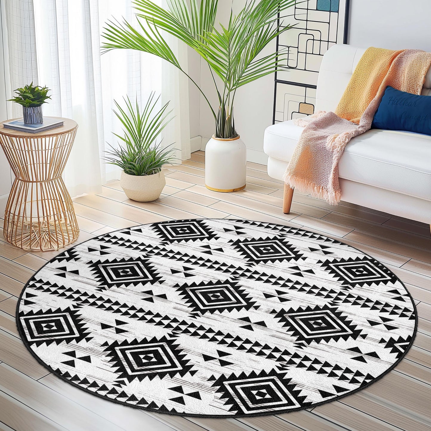 Geometric Tribal Pattern Round Area Rug, Black and White Round Carpet, Modern Bohemian Decor, Living Room or Bedroom Rug