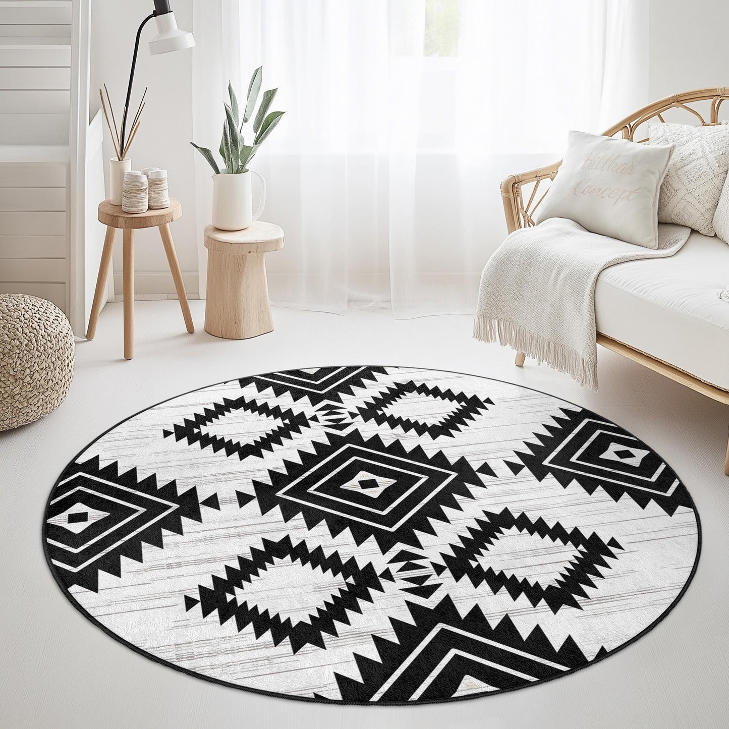 Geometric Black and White Round Area Rug, Modern Boho Circle Rug, Stylish Home Decor, Soft Living Room Carpet, Unique Bedroom Rug