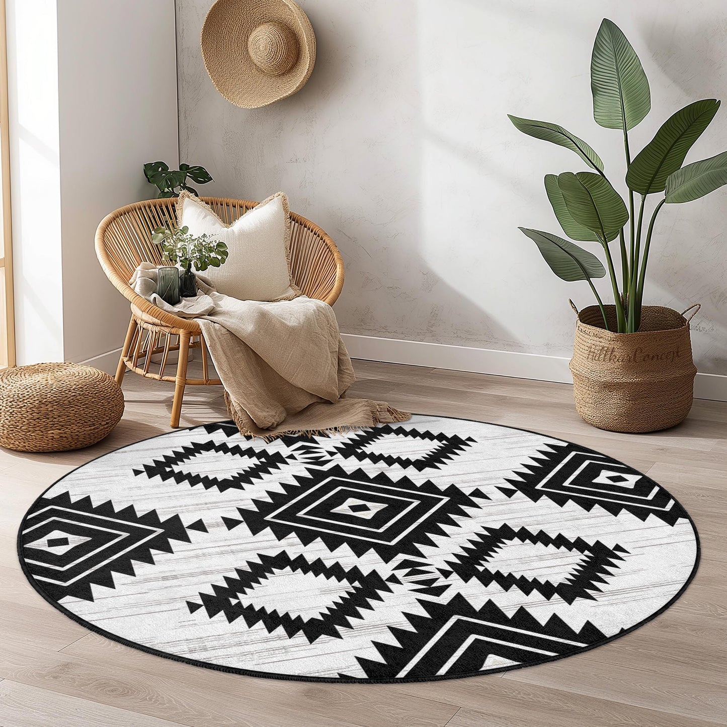 Geometric Black and White Round Area Rug, Modern Boho Circle Rug, Stylish Home Decor, Soft Living Room Carpet, Unique Bedroom Rug