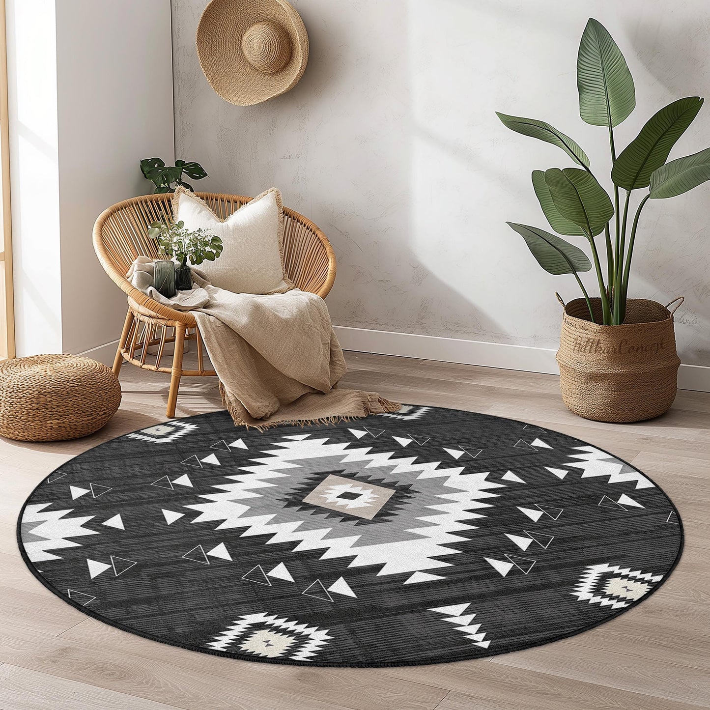 Geometric Black and White Round Area Rug, Modern Boho Circle Rug, Stylish Living Room Decor, Unique Round Carpet for Home