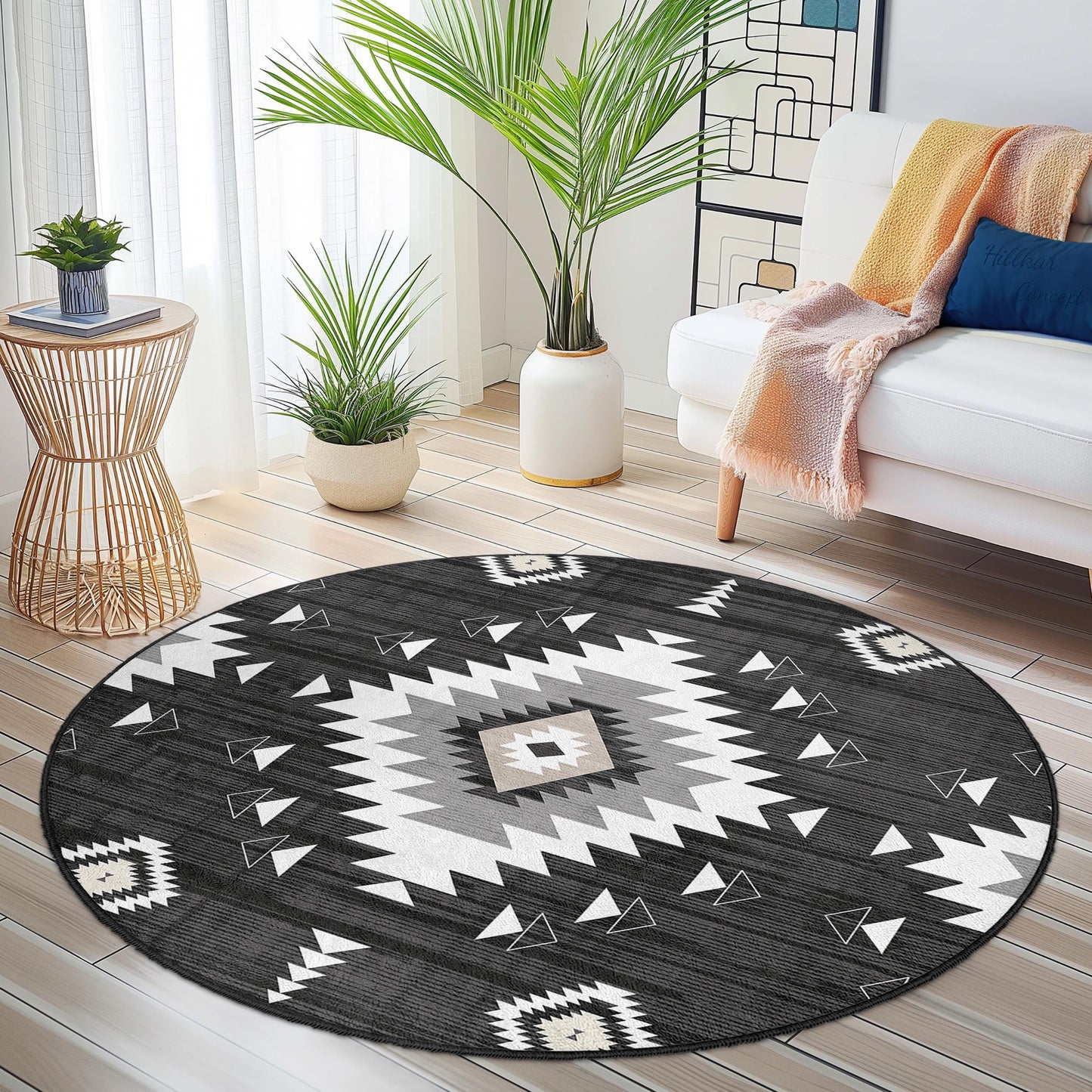 Geometric Black and White Round Area Rug, Modern Boho Circle Rug, Stylish Living Room Decor, Unique Round Carpet for Home