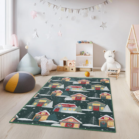 Winter Wonderland Holiday Themed Kids Rug, Cozy Cottage Decor Rug, Rectangular Kids Room Carpet, Fun Holiday Rug, Christmas Decor