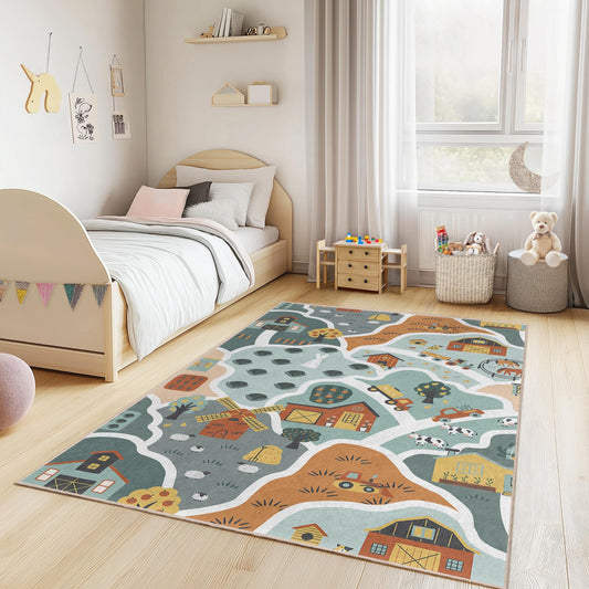 Farm Adventure Kids Play Rug, Rectangular Animal Farm Rug, Kids Room Carpet, Playroom Decor, Nursery Floor Mat