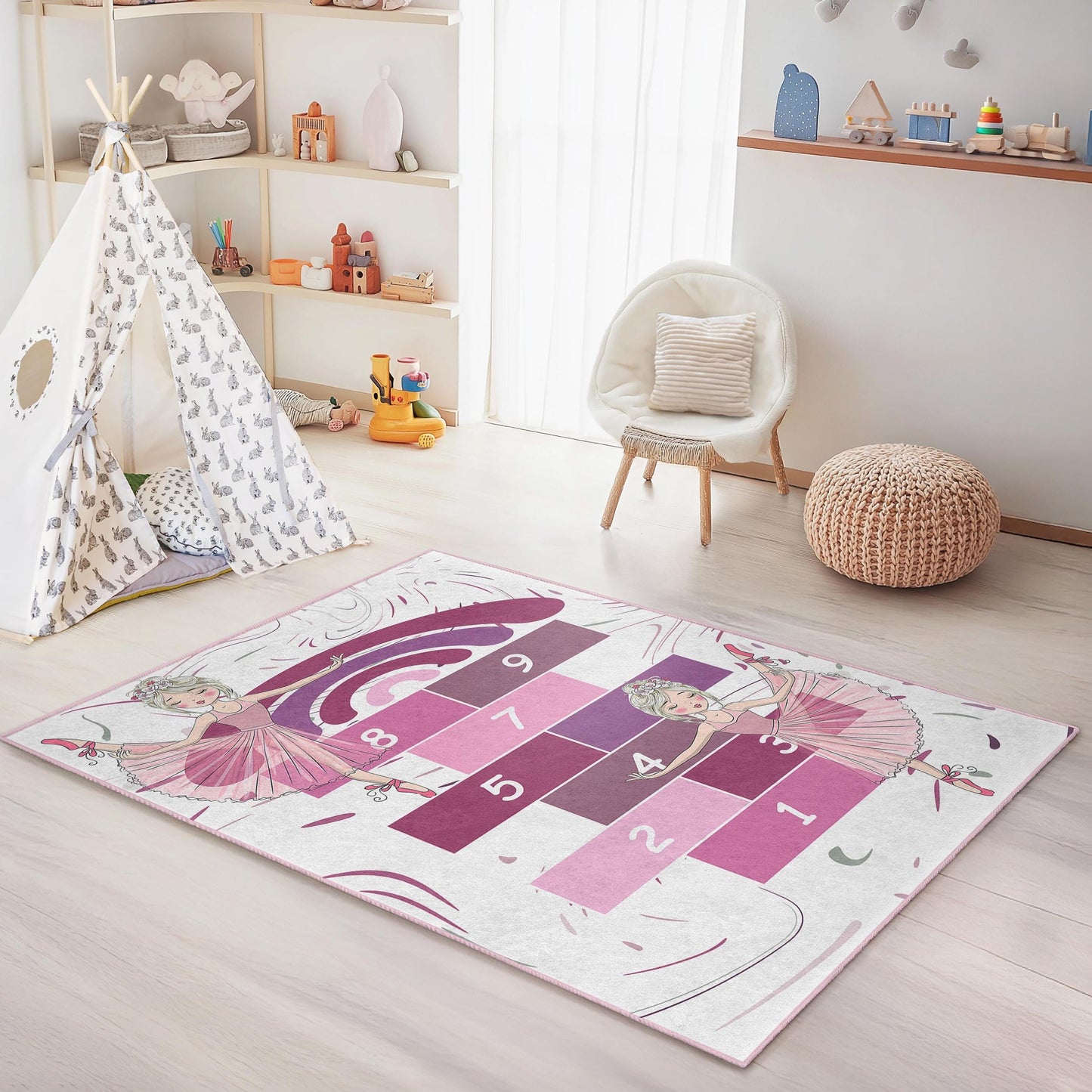Ballet Dance Hopscotch Rug, Pink Kids Play Rug, Rectangle Childrens Rug, Nursery Decor, Soft Play Mat for Girls