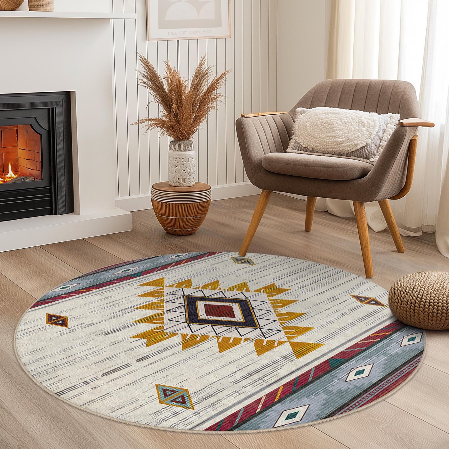 Geometric Bohemian Round Area Rug, Soft Circle Carpet for Living Room, Modern Decor, Stylish Round Rug, Boho Chic Floor Mat