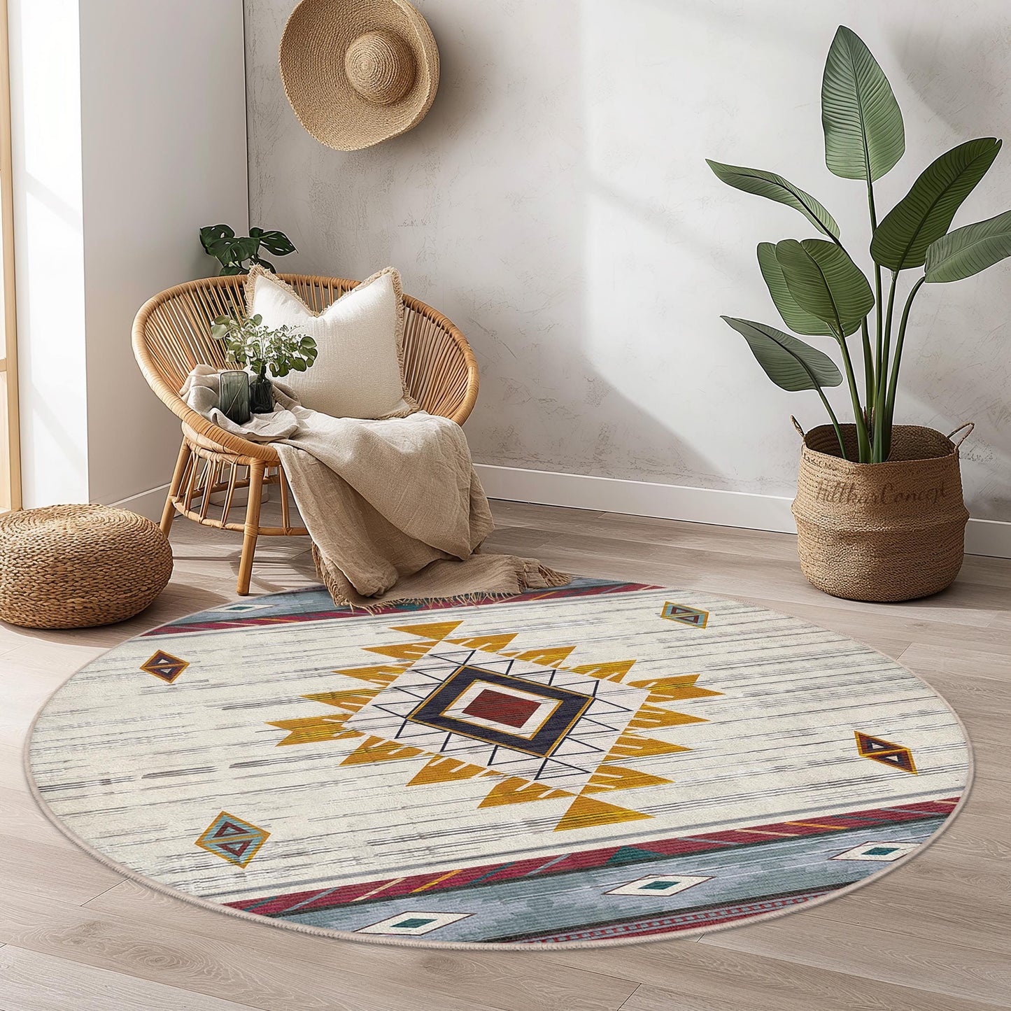 Geometric Bohemian Round Area Rug, Soft Circle Carpet for Living Room, Modern Decor, Stylish Round Rug, Boho Chic Floor Mat