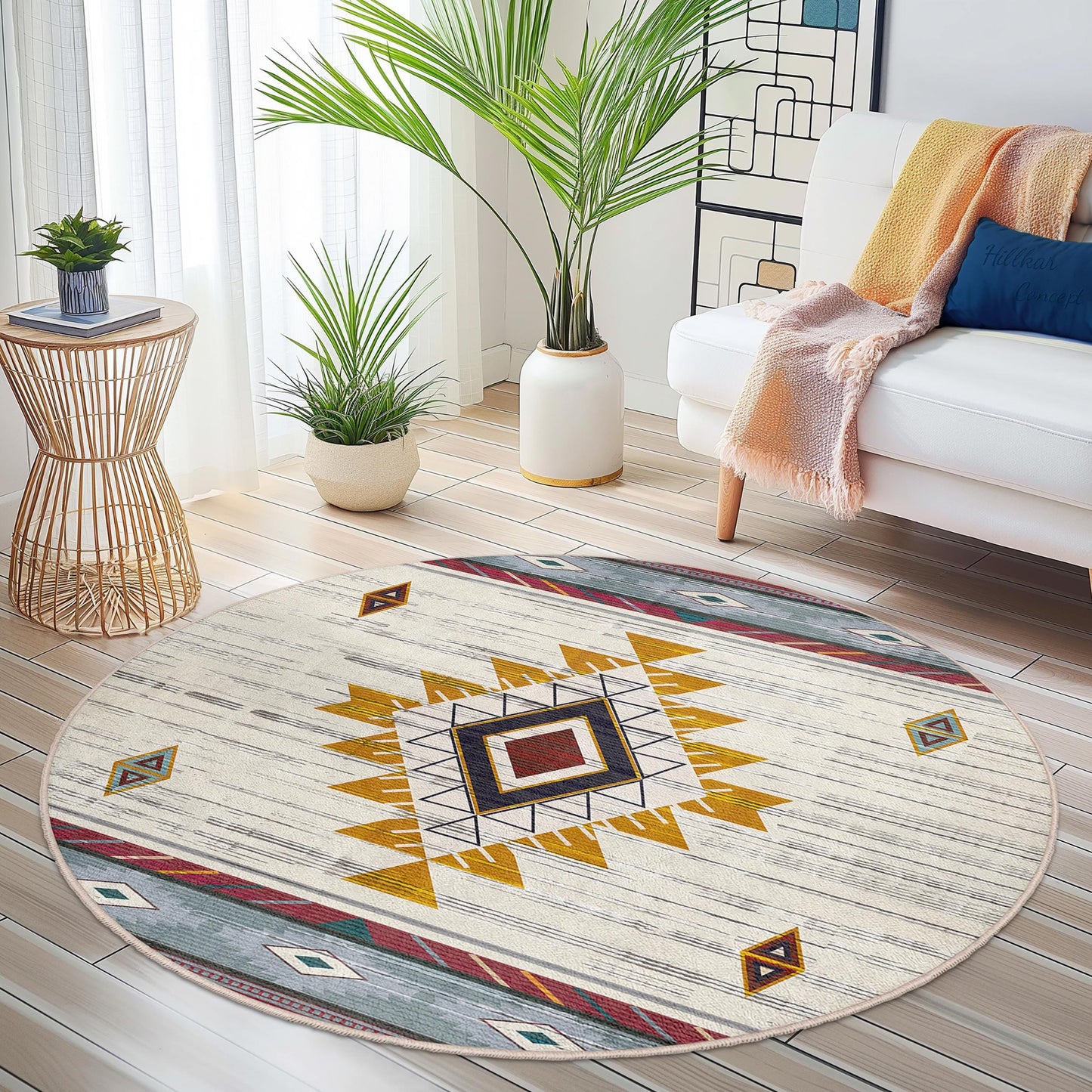 Geometric Bohemian Round Area Rug, Soft Circle Carpet for Living Room, Modern Decor, Stylish Round Rug, Boho Chic Floor Mat