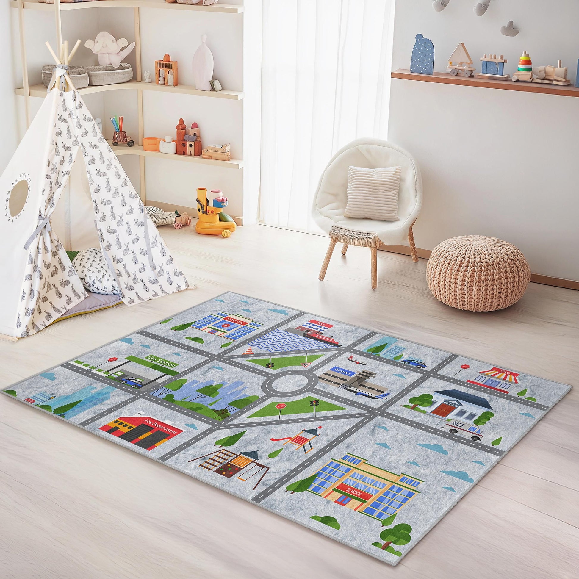 City Map Play Rug for Kids, Interactive Road Carpet, Rectangle Kids Room Decor, Soft Play Mat for Toddlers, Fun Nursery Rug