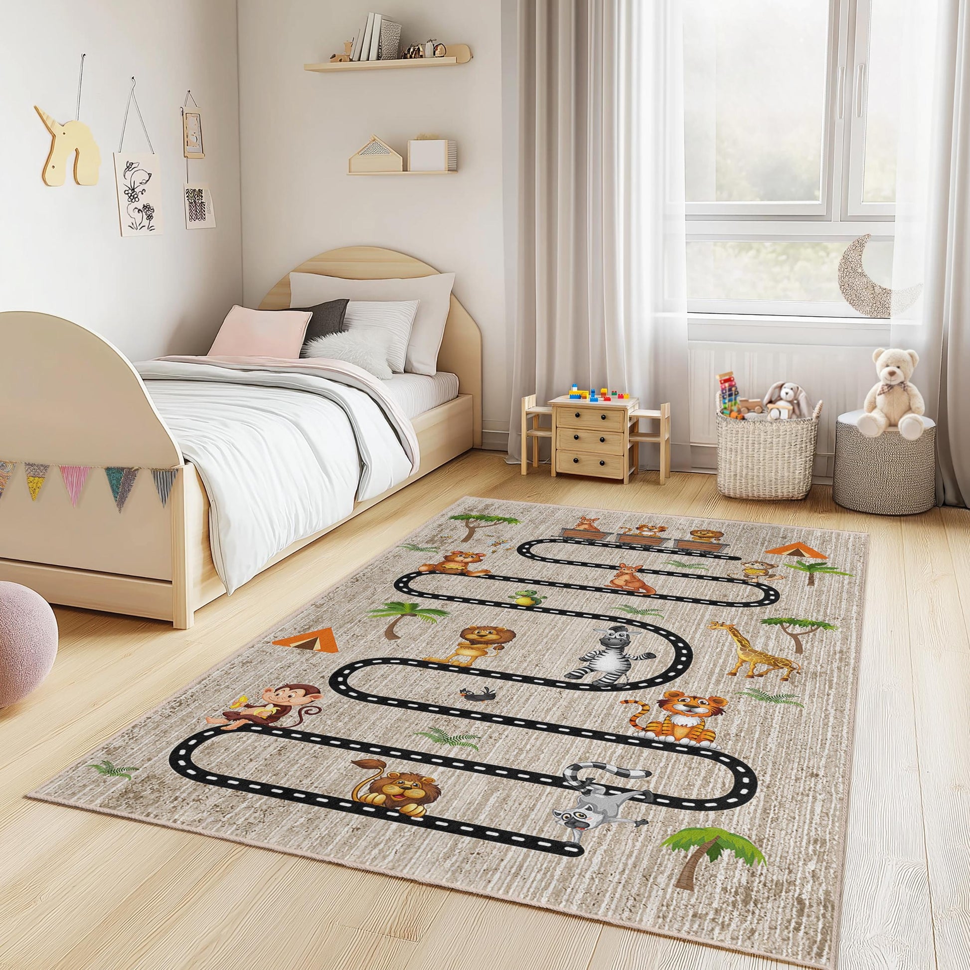 Safari Adventure Kids Play Rug, Jungle Theme Kids Carpet, Animal Road Map Rug, Soft Rectangle Rug for Children's Room