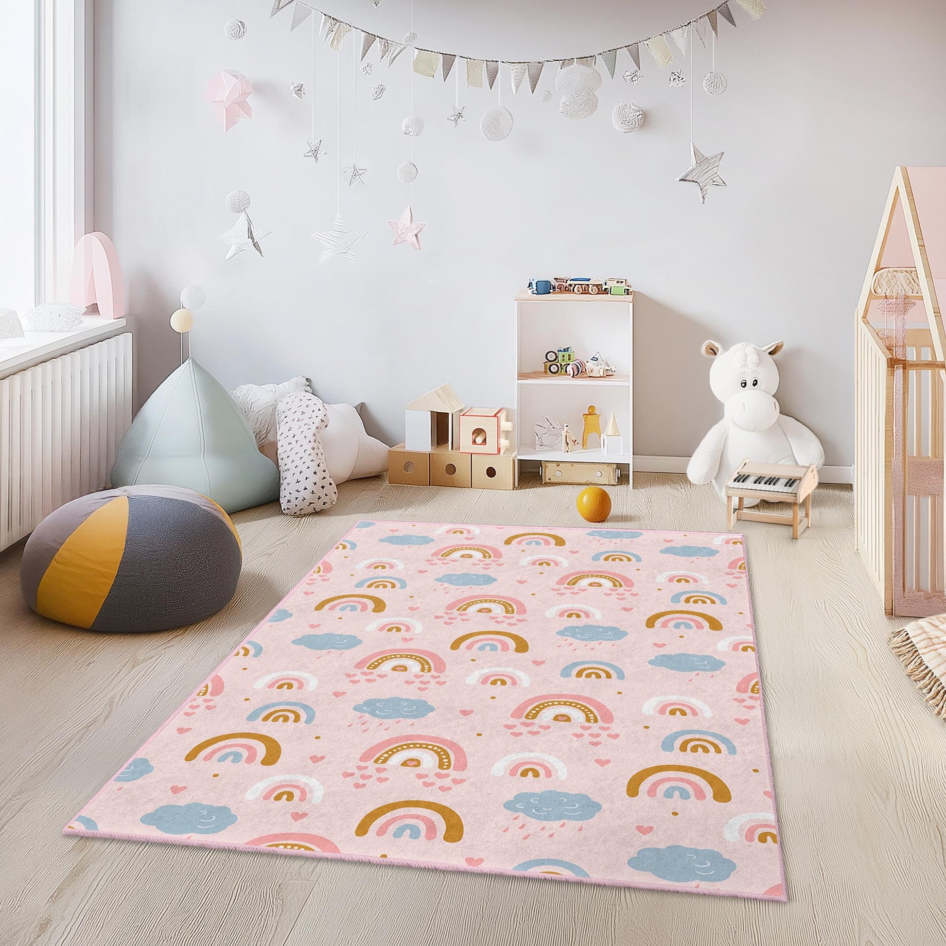 Rainbow Dreams Kids Area Rug, Colorful Rectangular Play Rug, Soft Nursery Carpet, Childrens Room Decor, Playroom Essentials