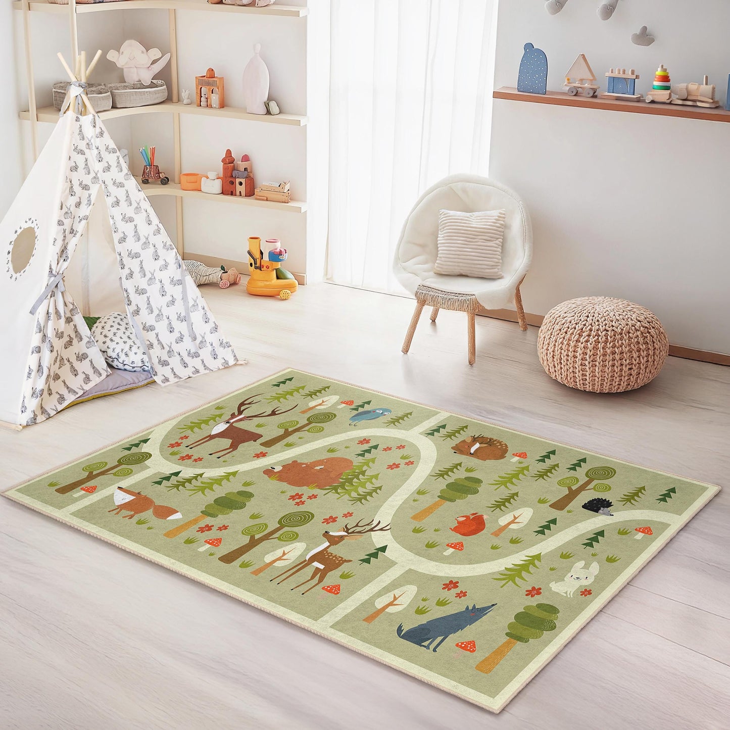 Whimsical Forest Animals Kids Play Rug, Adorable Rectangular Rug for Children's Room, Nature-Themed Kids Carpet, Playroom Decor